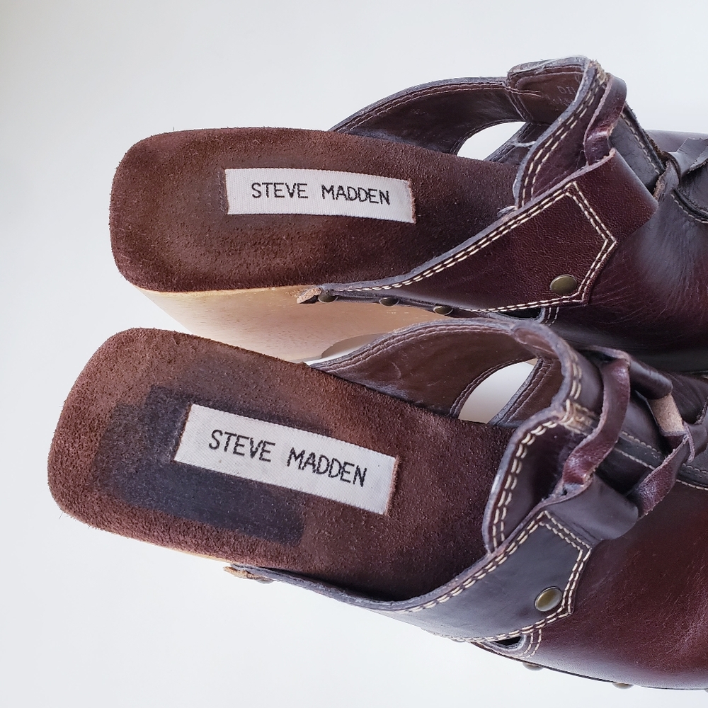 Steve Madden Brown Leather Slip-on Clogs - Picture 10 of 16